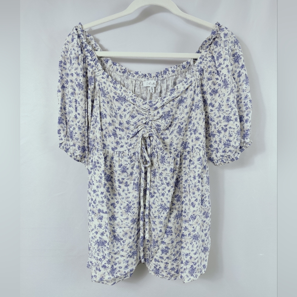 Calista Blue Floral Ruched Tie Front Puff Short Sleeve Peasant Blouse, Sz S